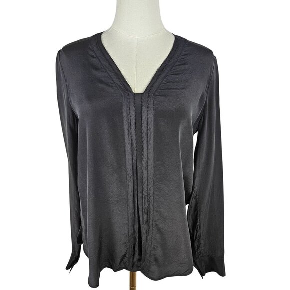 Vince Silk Blouse Small Picot Edge V-Neck Black Long Sleeve Quiet Luxury Career - Picture 1 of 11